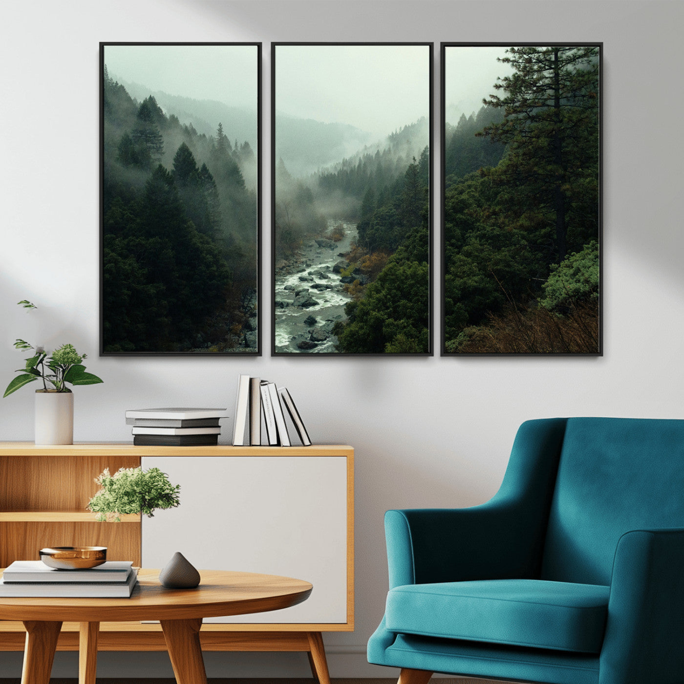 -Misty Forest Wall Art Canvas Print – Framed Foggy River Moody Landscape Wilderness Nature Scene Artwork for Home Office