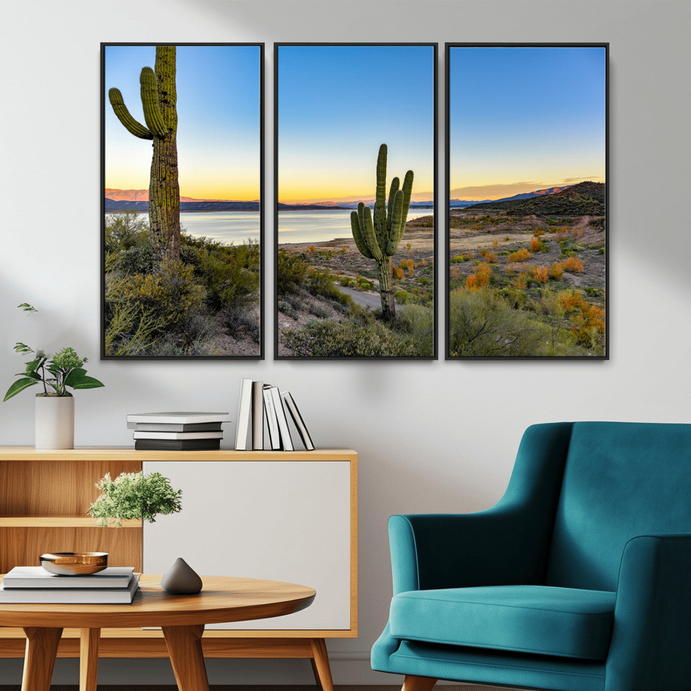 52844711-MGV-FC-48X32-3P_Black-Saguaro Cactus Wall Art Canvas Print – Framed Desert Sunset Southwestern Nature Scene Artwork for Home Office