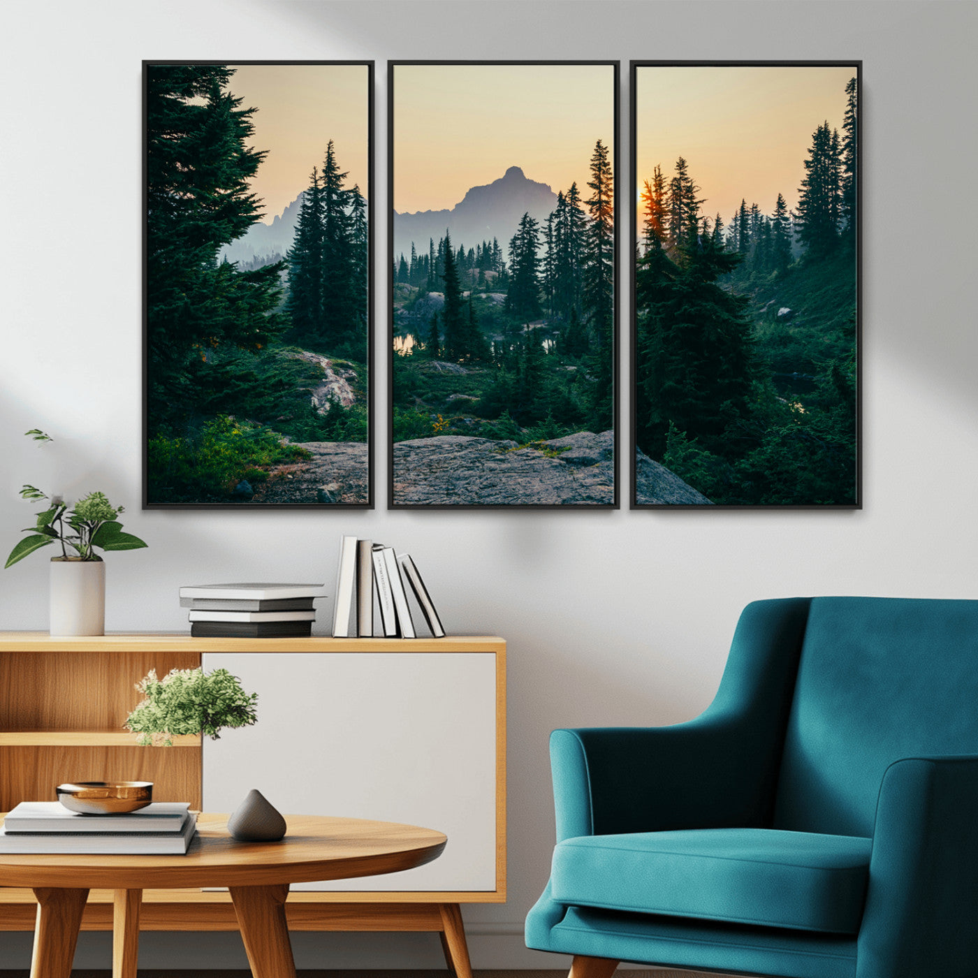 66397982-MGV-FC-48X32-3P_Black-Mountain Wall Art Canvas Print – Framed Forest Serenity Mountain Nature Scene Artwork for Home Office