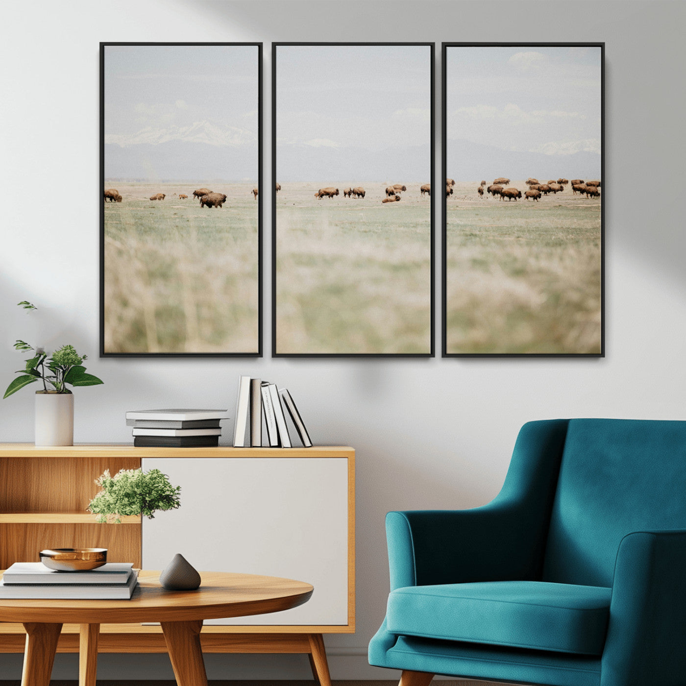 -Bison Herd Wall Art Canvas Print – Framed Western Bison Ranch Nature Scene Artwork for Home, Office, Living Room