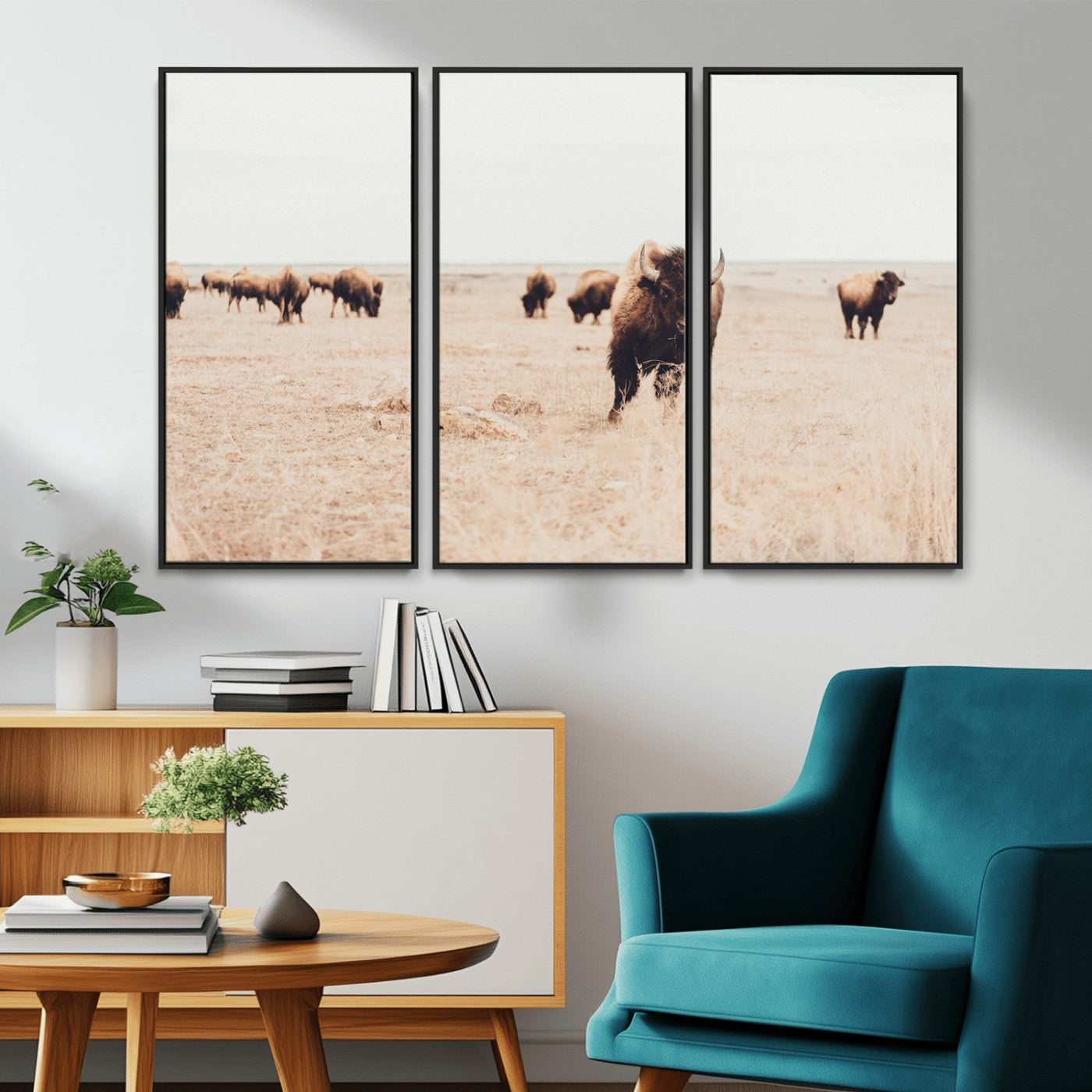 -Bison Herd Wall Art Canvas Print – Framed Western Prairie Serenity Ranch Nature Scene Artwork for Home Office