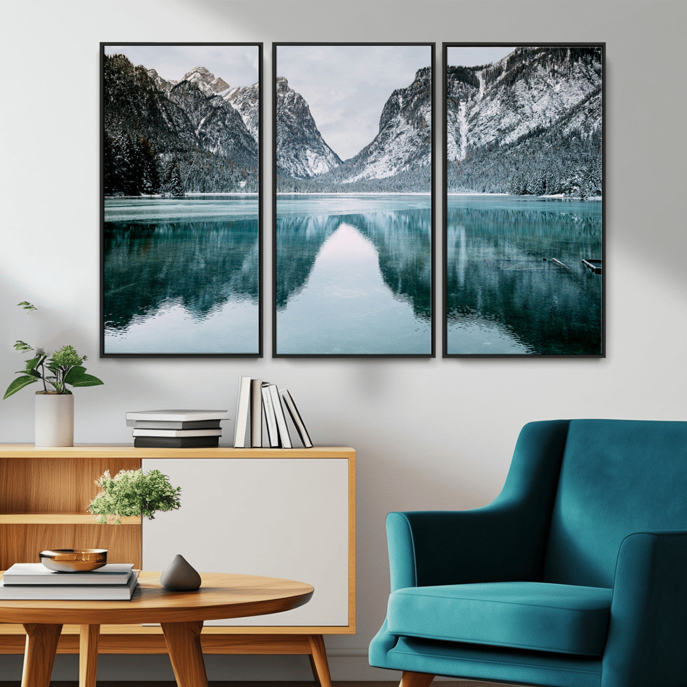 73098373-MGV-CV-36X24-Mountain Lake Wall Art Canvas Print – Framed Snowy Peaks Wonderland Nature Scene Artwork for Home Office