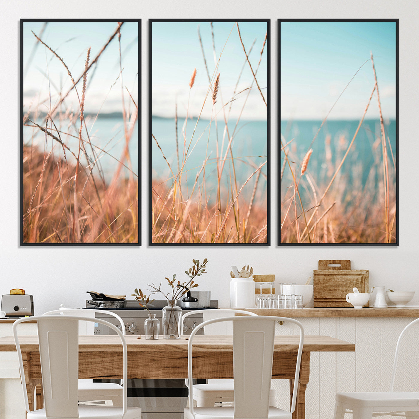 36108696-MGV-CV-36X24-Coastal Grass Landscape Wall Art Canvas Print – Golden Shoreline Nature Scene Serene Ocean View Artwork for Home Office