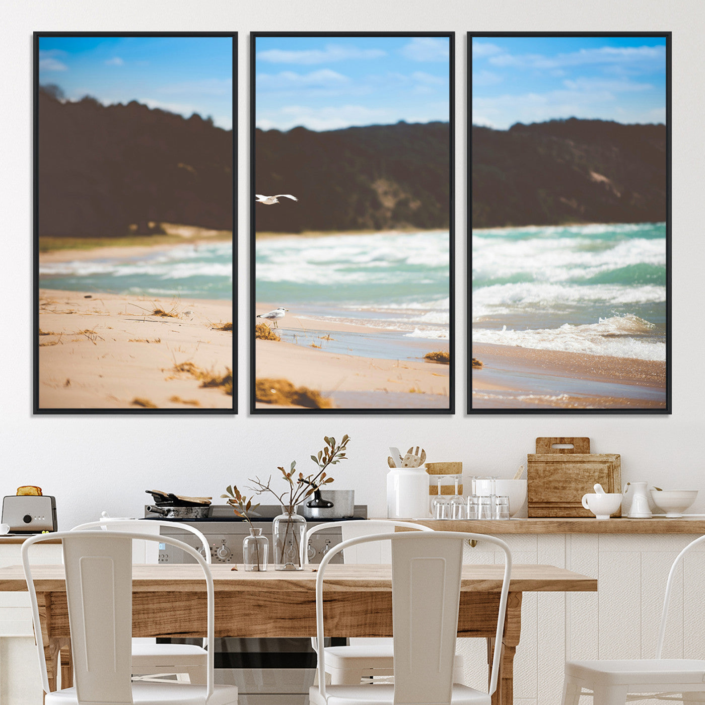 -Tranquil Beach Scene Wall Art Canvas Print – Framed Blue Ocean Waves Sandy Shore Coastal Nature Artwork for Home Office