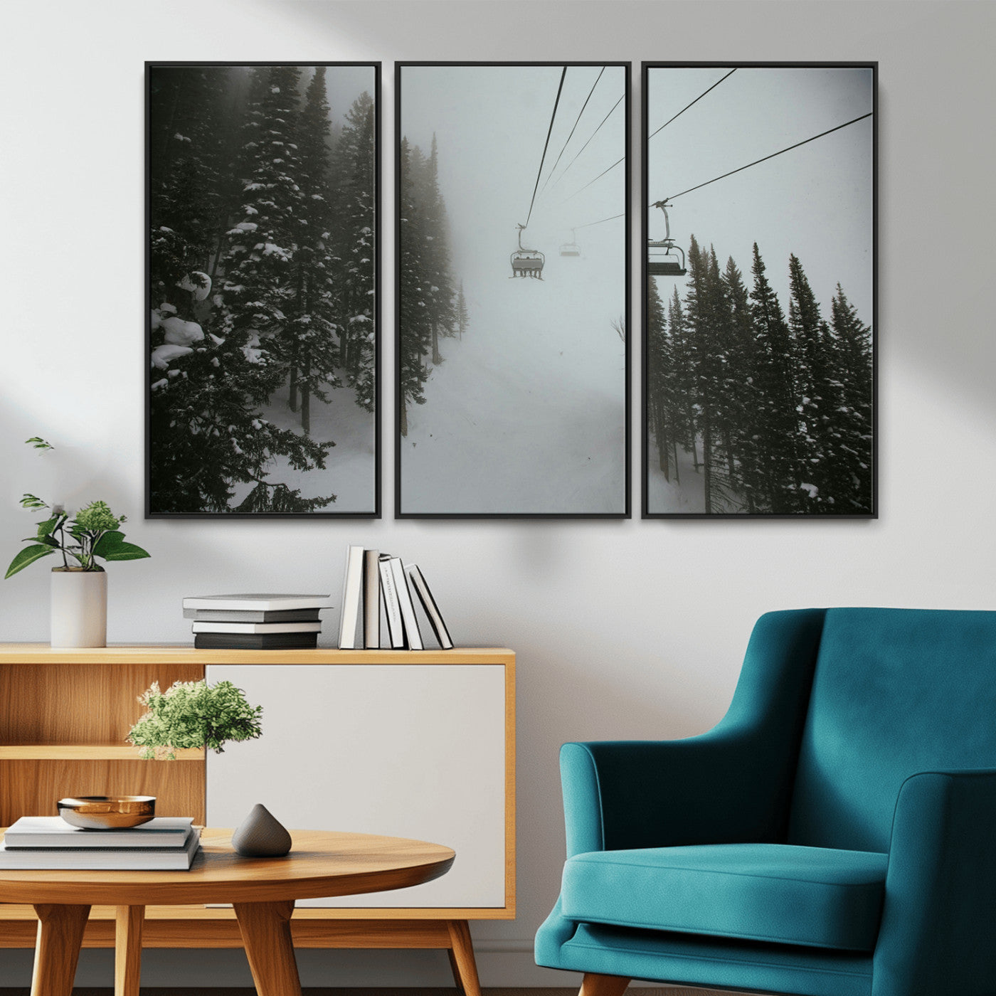 87018452-MGV-CV-36X24-Ski Lift Wall Art Canvas Print – Snowy Pines Misty Landscape Winter Serenity Artwork for Home, Office Decor
