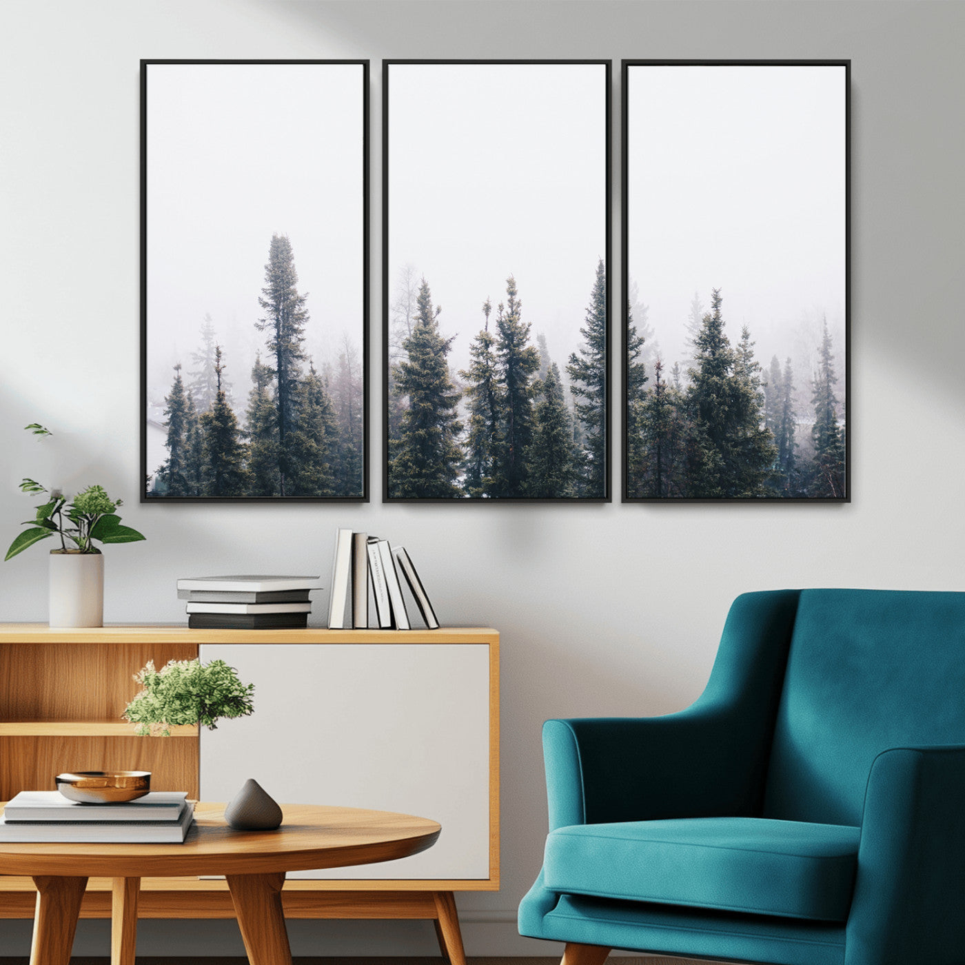 -Foggy Forest Wall Art Canvas Print – Framed Misty Pines Moody Woodland Nature Scene Artwork for Home Office