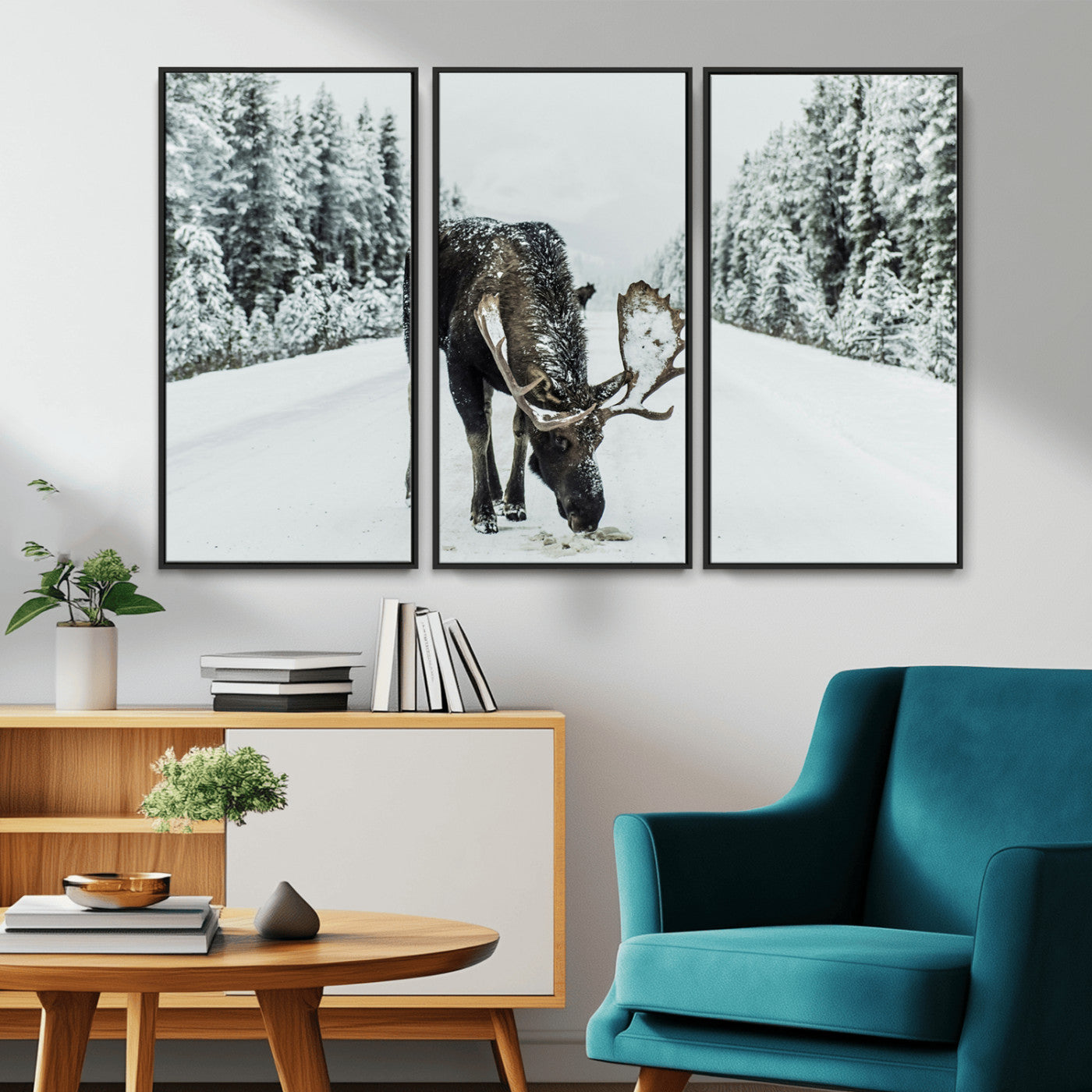 -Moose Snow Wall Art Canvas Print – Framed Winter Wildlife Snowy Forest Nature Scene Artwork for Home, Office, Living Room