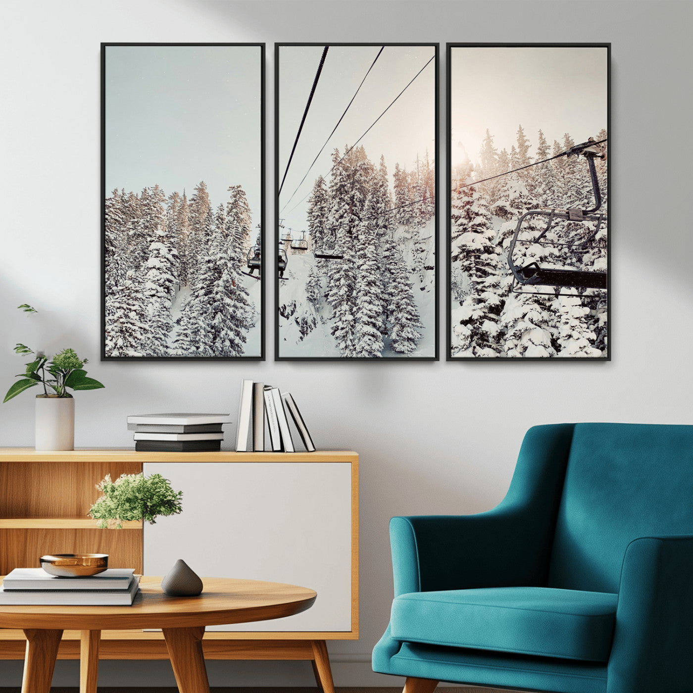 91534512-MGV-FC-48X32-3P_Black-Frosty Pines Wall Art Canvas Print – Framed Cozy Cabin Ski Lift Ride Winter Scene Artwork for Home Office