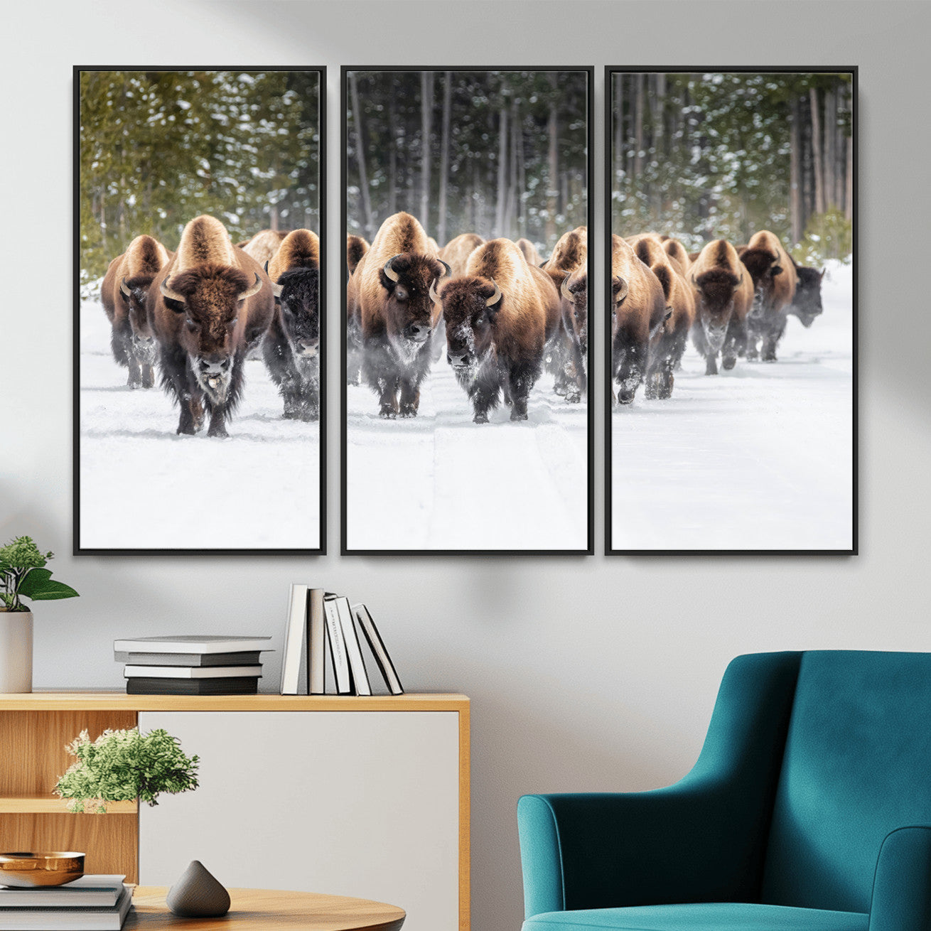 96906195-MGV-FC-48X32-3P - American Bison Herd Snow Canvas Wall Art – Powerful Winter Wildlife Print of Buffalo Motion, Rustic Lodge or Western Cabin Decor for Living Room, Office