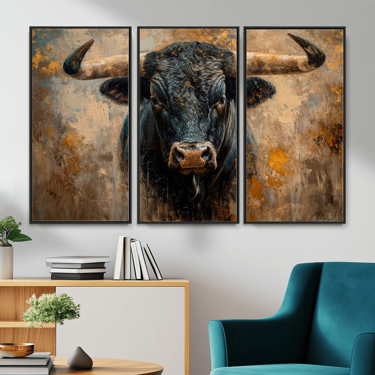 91615410-MGV-CV-36X24 - Abstract Texas Longhorn Bull Wall Art – Rustic Farmhouse Canvas Print, Western Cabin Style Decor, Large Animal Artwork for Living Room or Office
