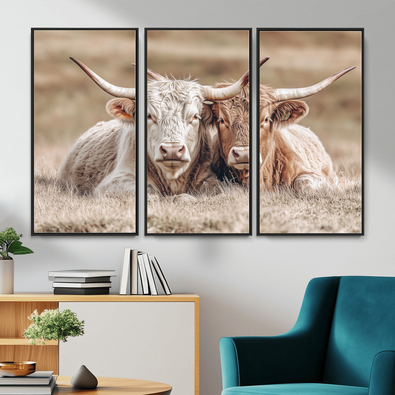 38651722-MGV-CV-36X24 - Highland Cows Meadow Canvas Wall Art – Peaceful Cow Photography Print, Rustic Farmhouse Animal Decor for Country Home, Living Room, Office