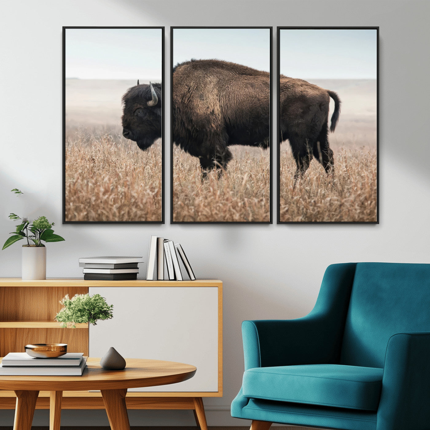 -American Bison Field Wall Art Canvas Print – Majestic Buffalo Grazing Wide Open Plains Wildlife Artwork for Home, Office
