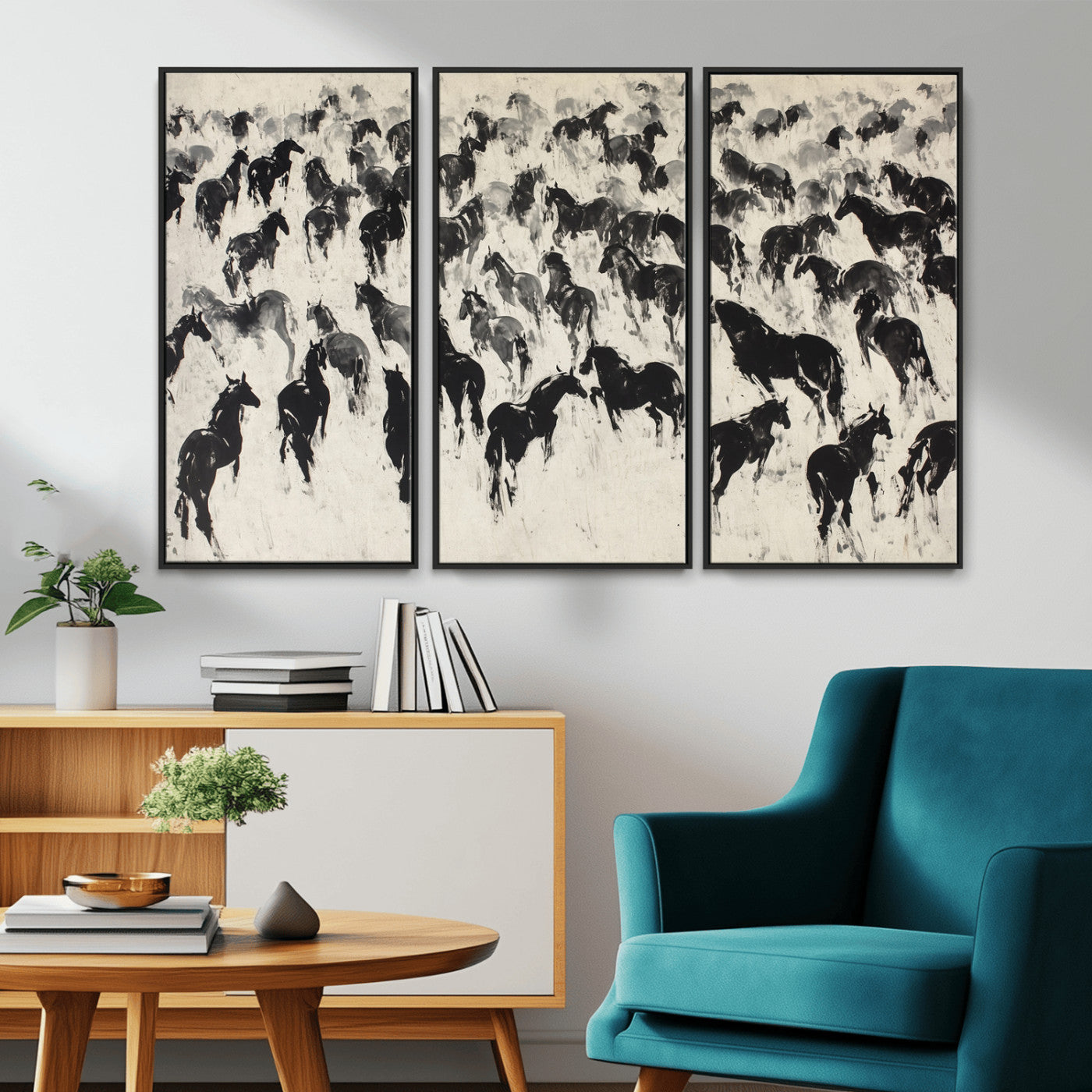-Wild Horse Stampede Wall Art Canvas Print – Monochrome Running Horses Dynamic Motion Elegant Scene Artwork for Home, Office