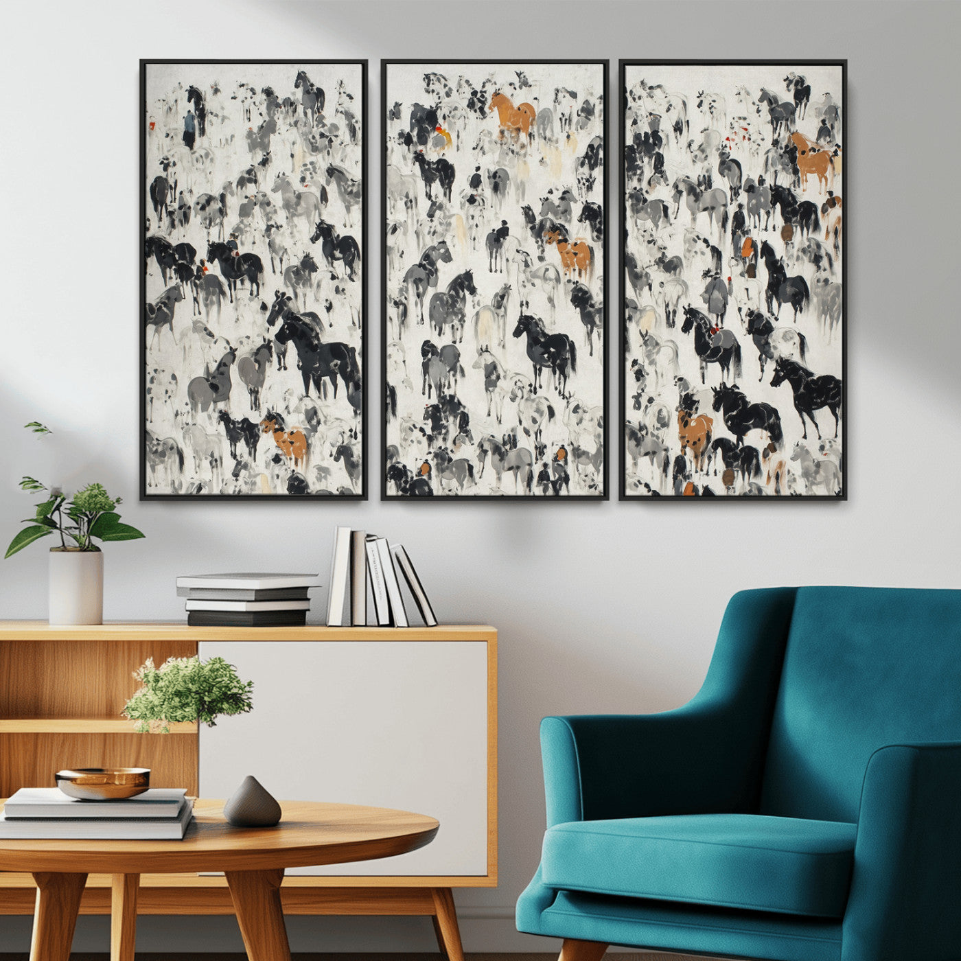 56463722-MGV-CV-36X24-Wild Horse Stampede Wall Art Canvas Print – Monochrome Running Horses Dynamic Motion Elegant Scene Artwork for Home, Office