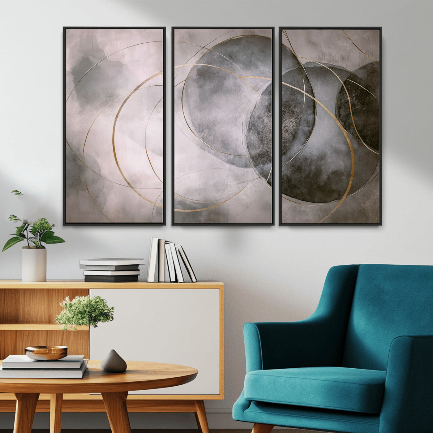 20066876-MGV-CV-36X24-Abstract Grey Gold Circle Wall Art – Modern Geometric Canvas Artwork, Minimal Elegant Design, Luxury Wall Decor for Home, Office