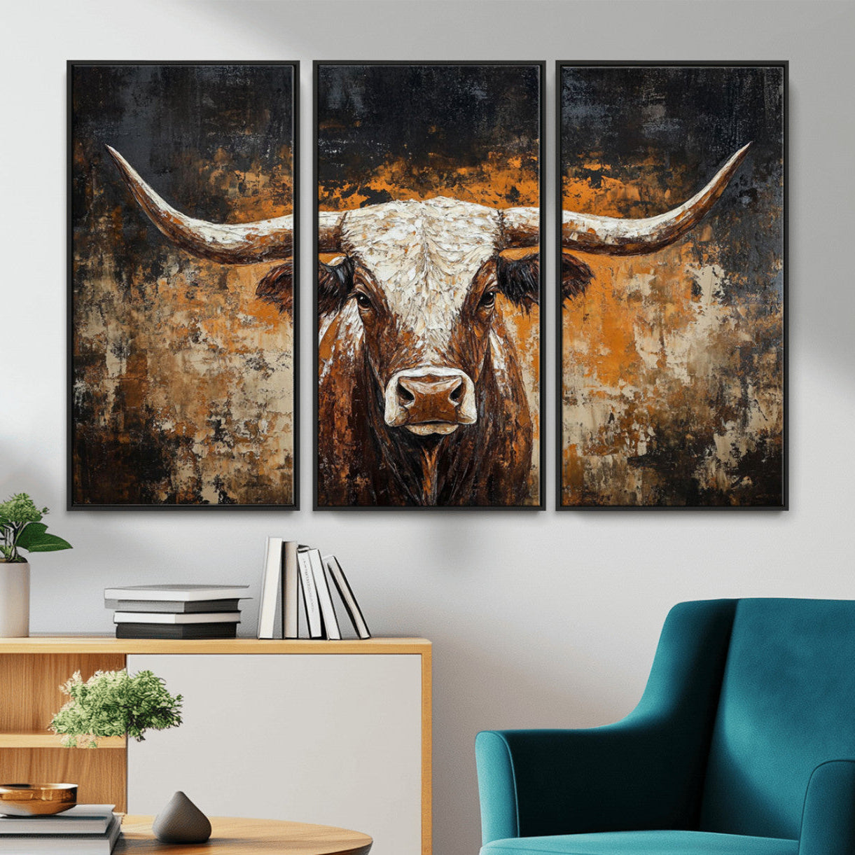 25265572-MGV-CV-36X24-Rustic Longhorn Bull Wall Art Canvas Print – Vintage Western Cattle Scene, Texas Steer Artwork for Home, Office