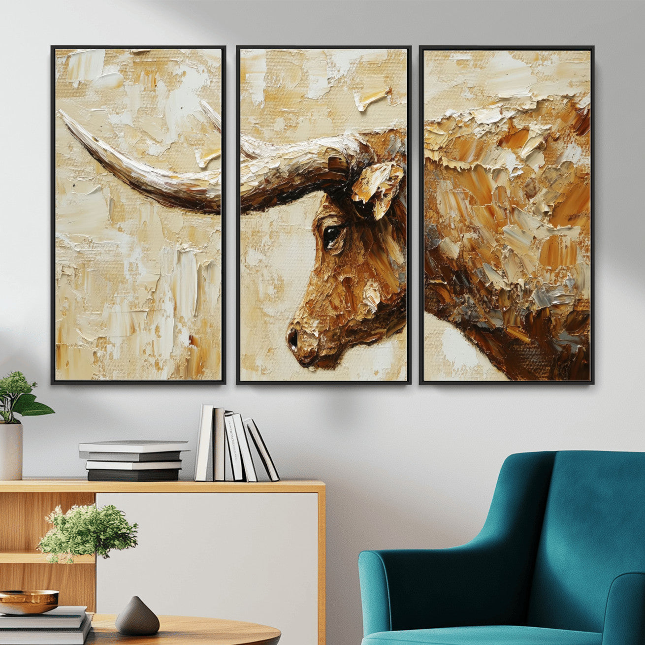 69611428-MGV-CV-36X24 - Rustic Longhorn Bull Wall Art Canvas Print – Vintage Western Cattle Painting, Texas Abstract Wall Cow Prints