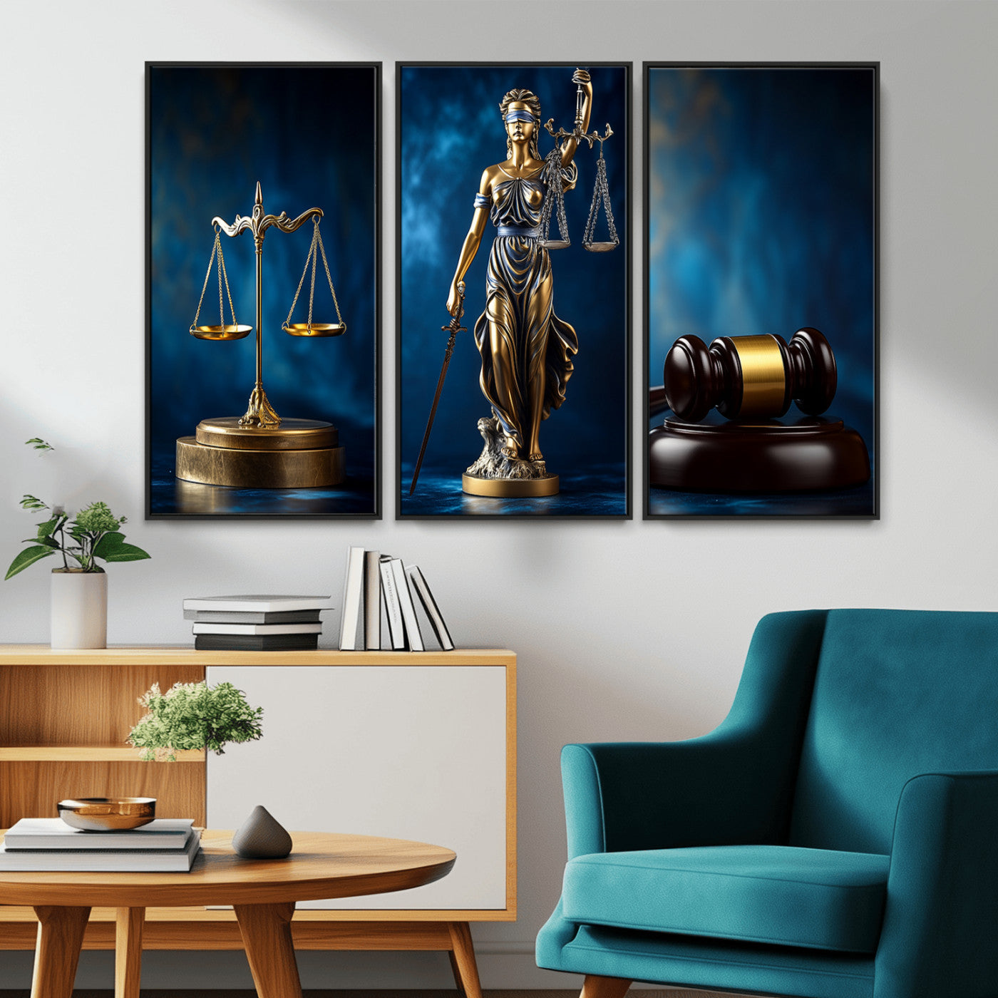 33888279-MGV-FP-36X24-3P_Walnut-Lady Justice Wall Art Canvas Print – Elegant Gold Legal Symbols Blue Background, Perfect for Law