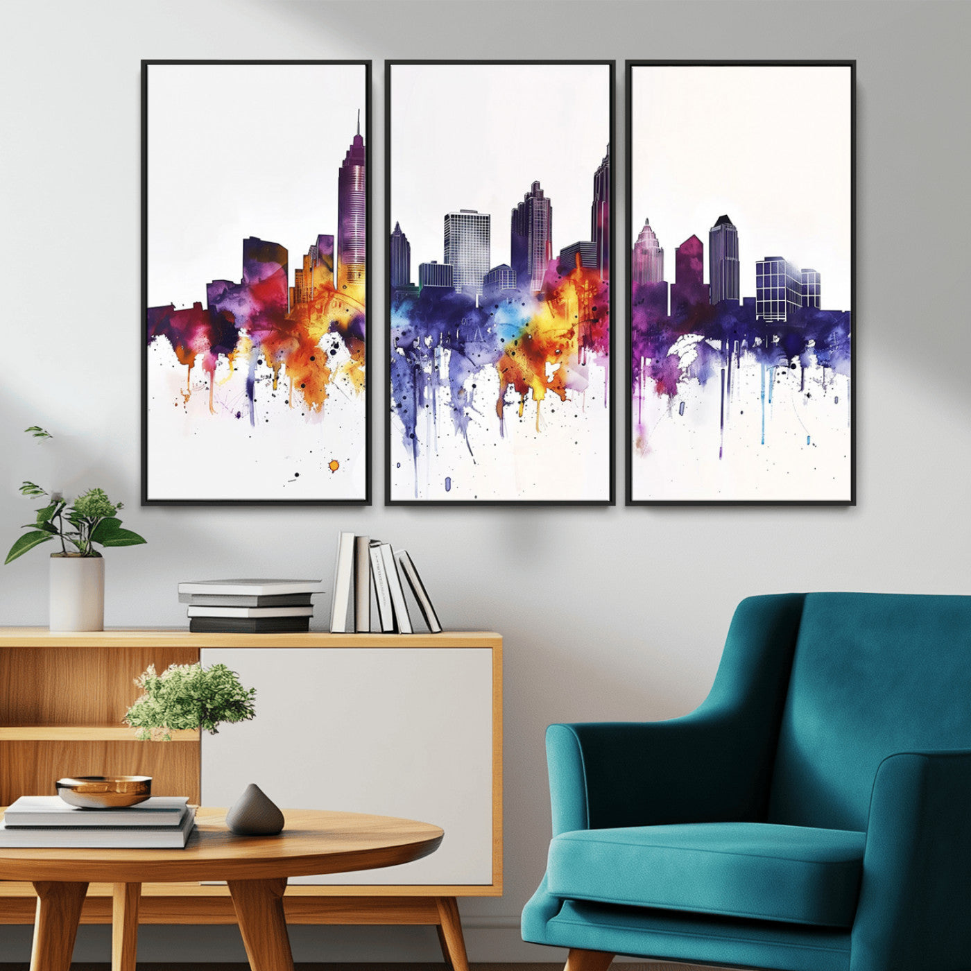 34479880-MGV-CV-36X24-Atlanta Skyline Wall Art Canvas Print – Framed Colorful Watercolor Cityscape Artwork for Home, Office, Living Room