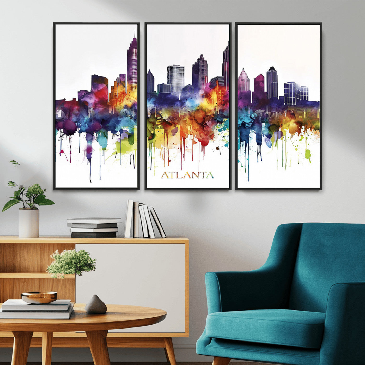 36048320-MGV-CV-36X24-Atlanta Skyline Wall Art Canvas Print – Framed Colorful Watercolor Cityscape Abstract Urban Artwork for Home, Office