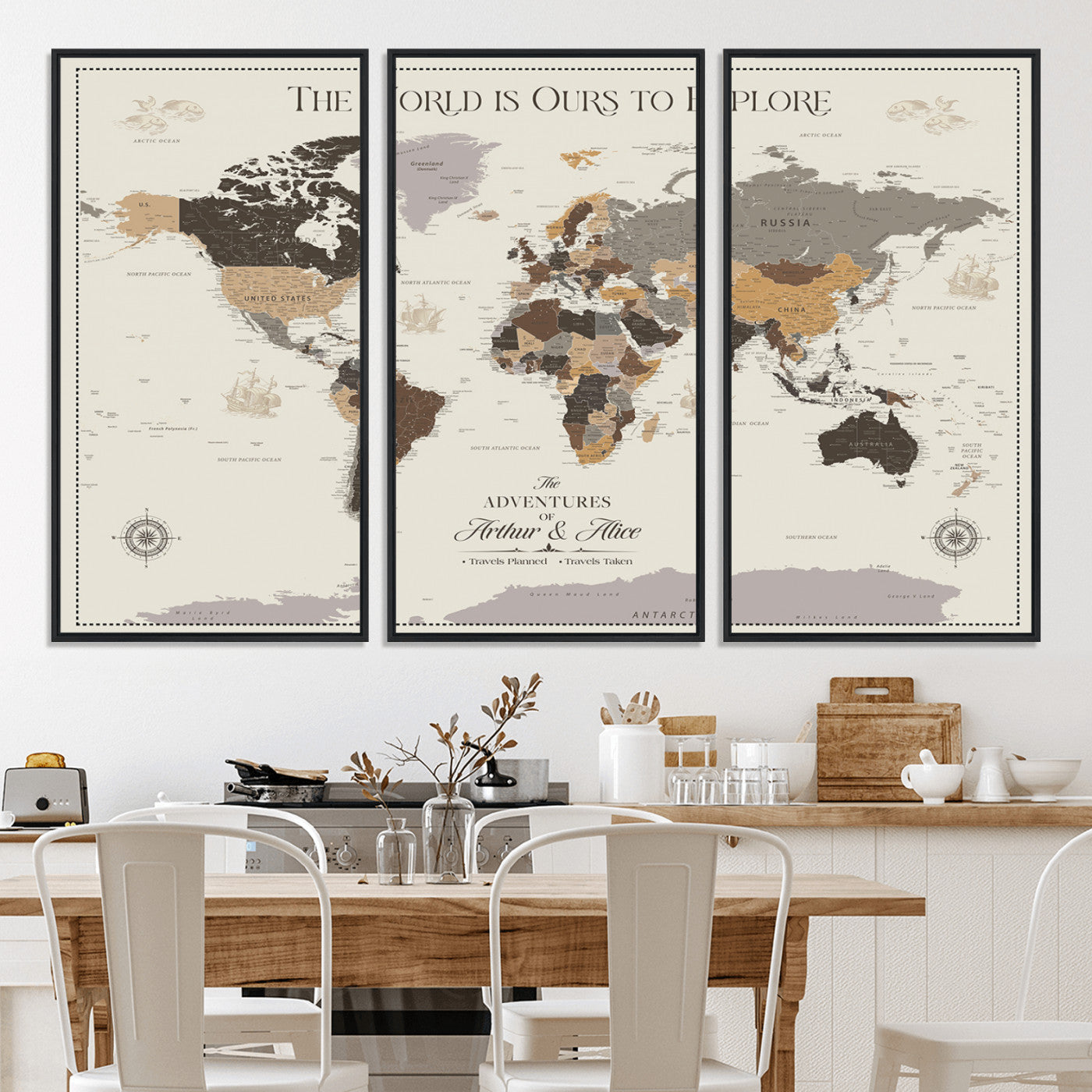 -Personalized World Map Canvas Custom Framed Push Pin Travel Tracker Contemporary Wall Art Gift Couples Explorers Home Office