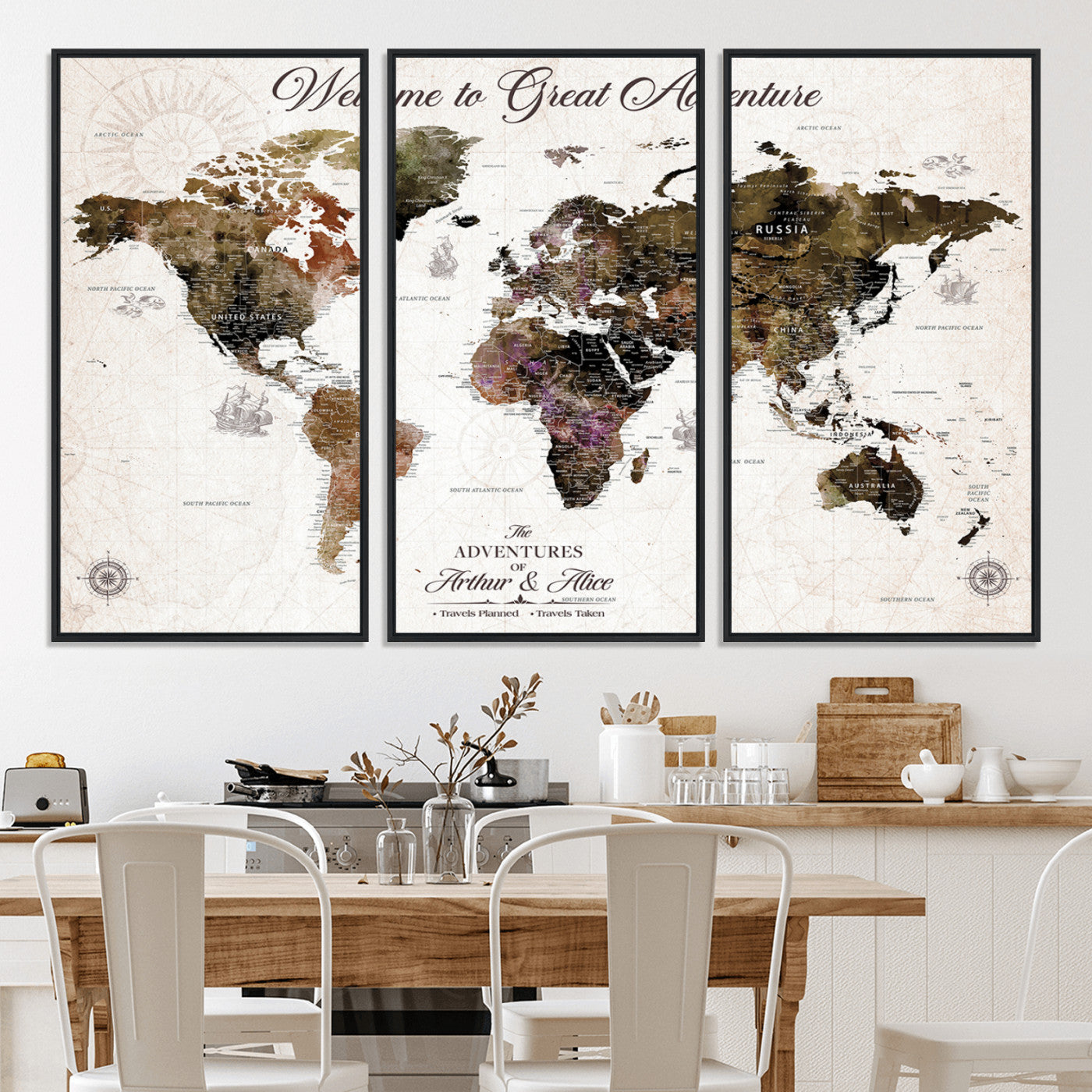 -Personalized World Map Canvas Custom Framed Push Pin Travel Tracker Vintage Adventure Wall Art Gift Couples Travelers Home, Office