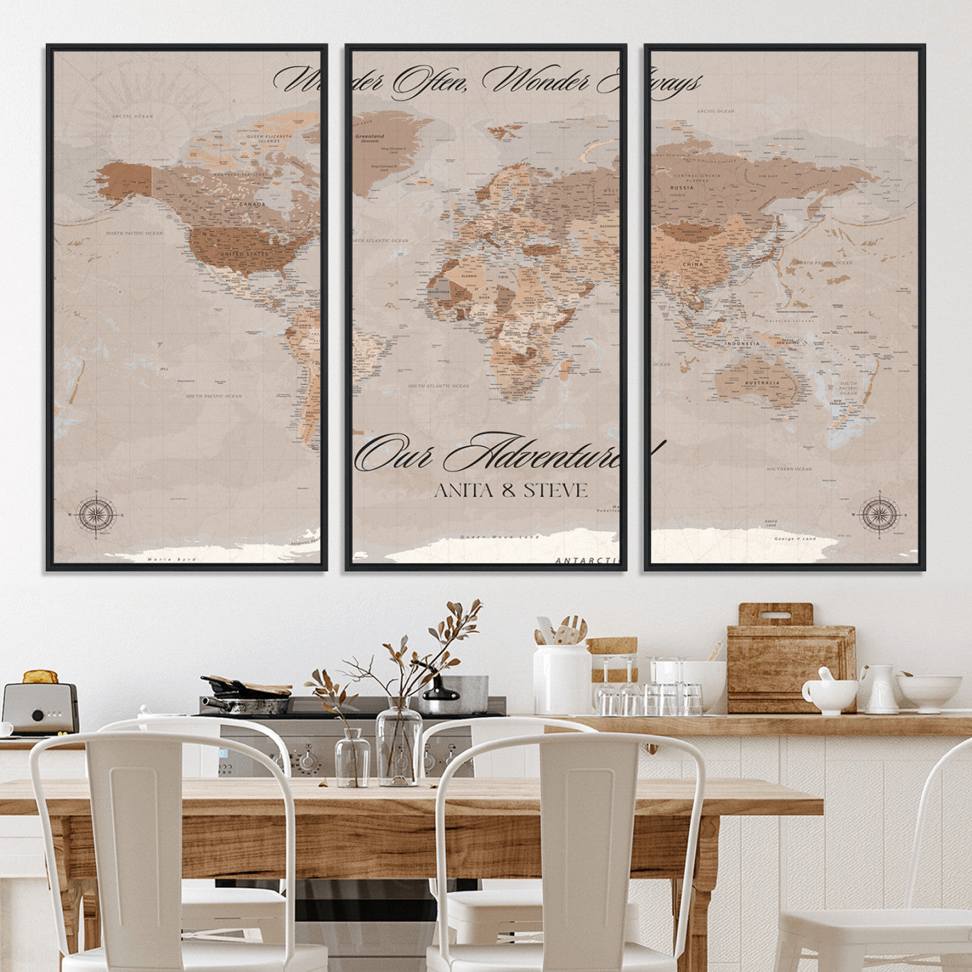 -Personalized World Map Canvas Custom Framed Push Pin Travel Tracker Elegant Neutral Wall Art Gift Couples Travelers for Home, Office