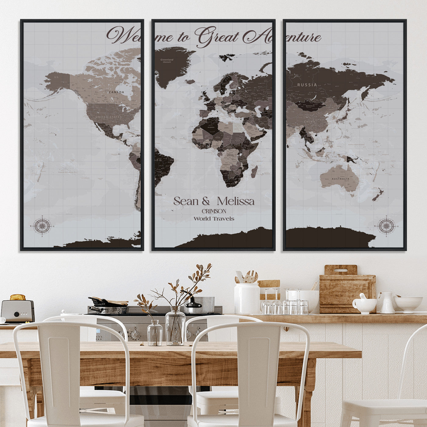 -Personalized Gray Brown World Map Canvas Custom Framed Push Pin Travel Tracker Modern Neutral Wall Art Gift Couples for Home, Office