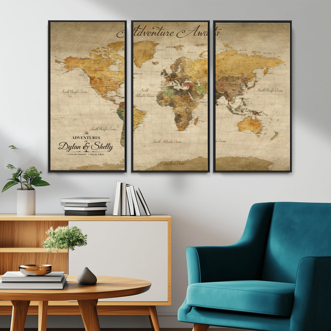 Rehber01-MGV-CV-36X24-Personalized World Map Canvas – Custom Framed Push Pin Travel Map Wall Art, Rustic Vintage Gift for Couples and Travel Lovers