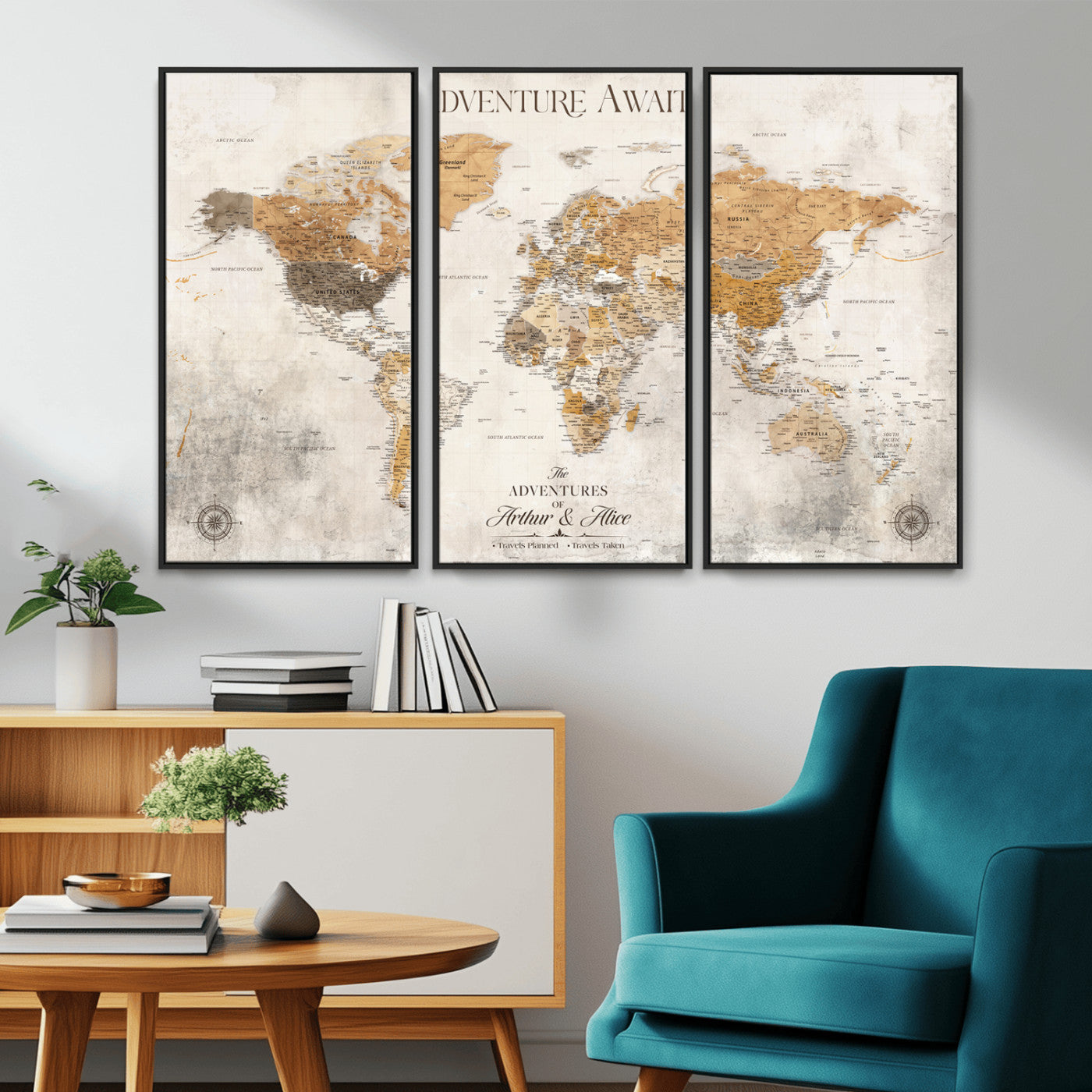 Rehber01-MGV-CV-36X24-Personalized World Map Canvas Print – Custom Push Pin Travel Map Vintage Neutral Style Gift for Couples Travelers for Home Office