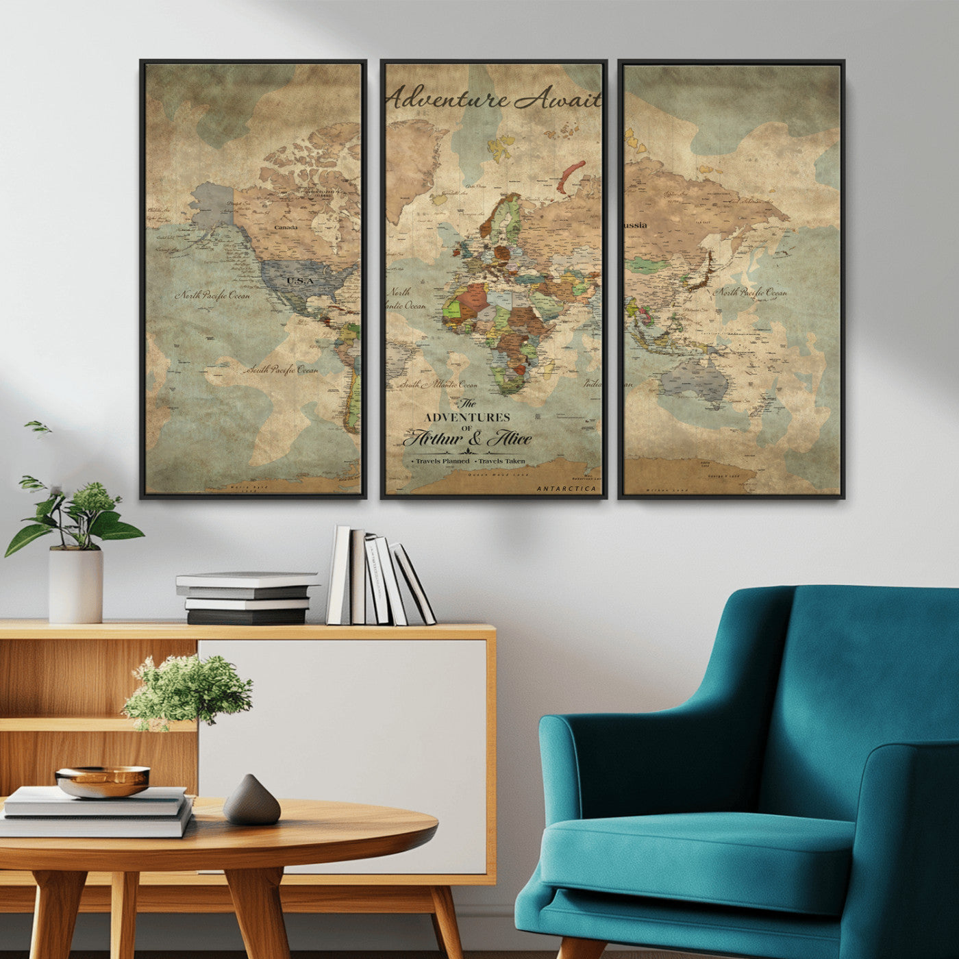 Rehber01-MGV-CV-36X24-Personalized Vintage World Map Canvas Print – Custom Push Pin Travel Map Antique Style Gift for Couples Travelers for Home Office