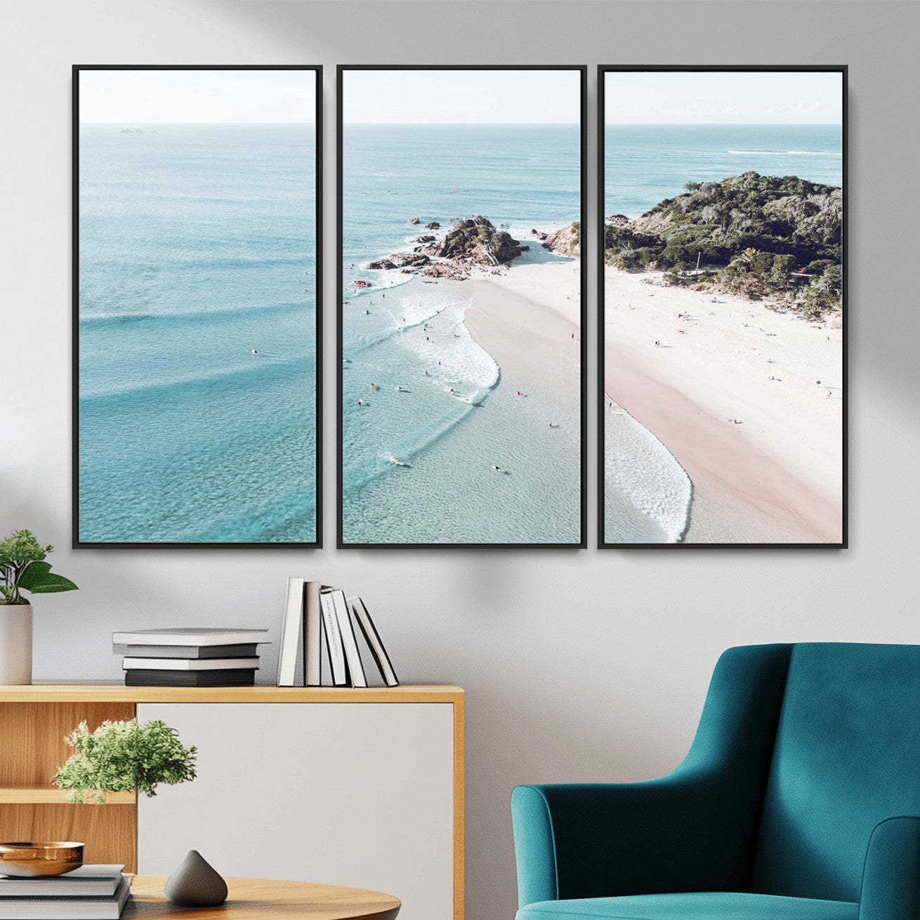 79395467-MGV-CV-36X24 - Aerial Beach Wall Art Canvas Print, Coastal Ocean Waves and Surfers Scenic Seaside Artwork for Home, Office Decor
