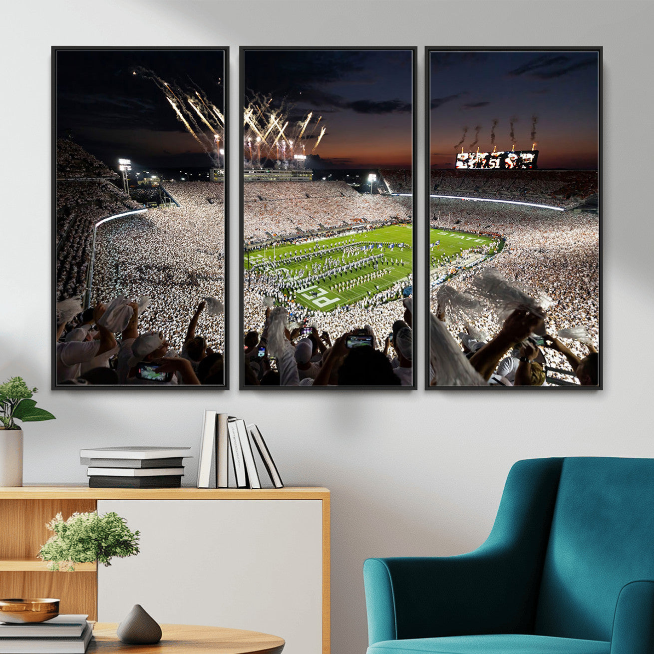 11221988-MGV-FC-48X32-3P - Epic Night Football Stadium Wall Art Canvas Print, Fireworks and Crowd Energy Game Day Excitement Decor for Home, Office