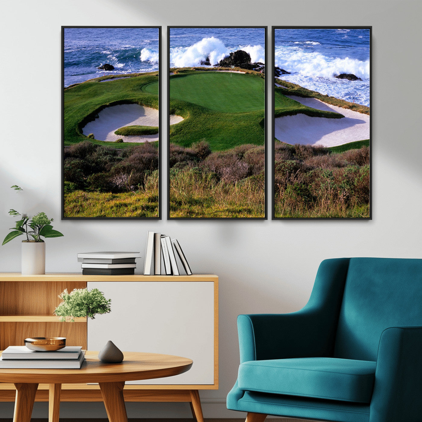 22776914-MGV-FC-48X32-3P_Black-Ocean Cliff Golf Green Canvas Print – Framed Majestic Coastal Scene with Lush Green Artwork for Home, Office