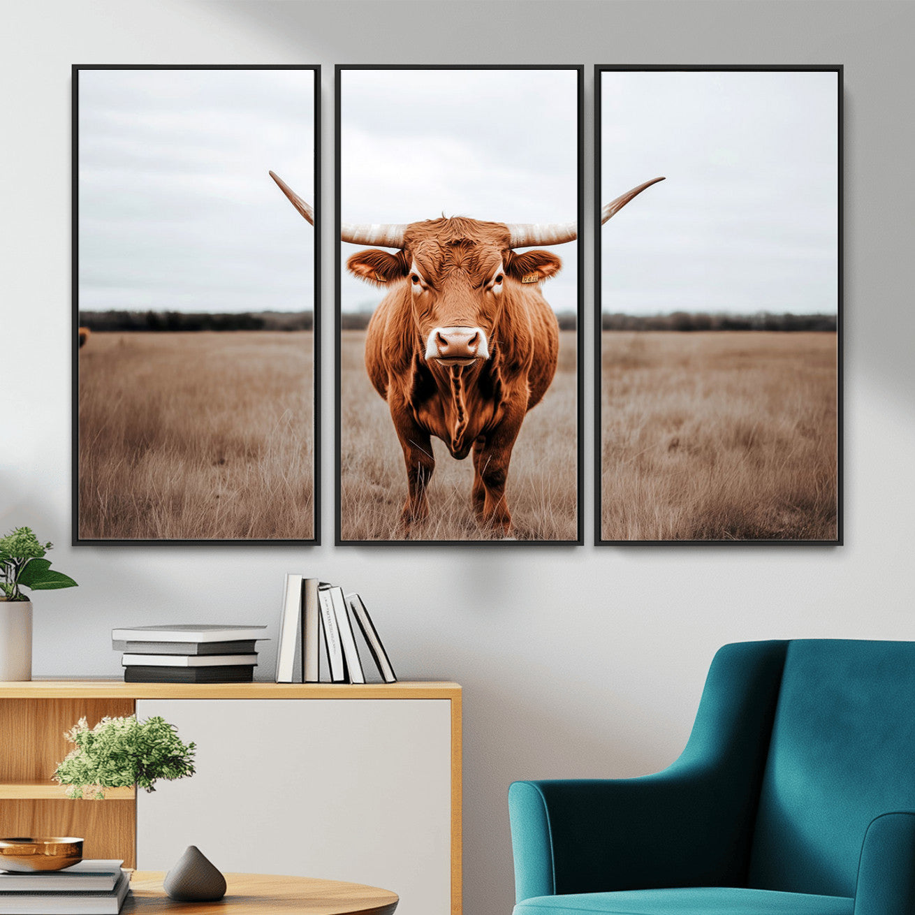 16316734-MGV-FC-48X32-3P - Longhorn bull, open field, rustic charm, natural beauty, Wall Art Canvas Print, countryside,