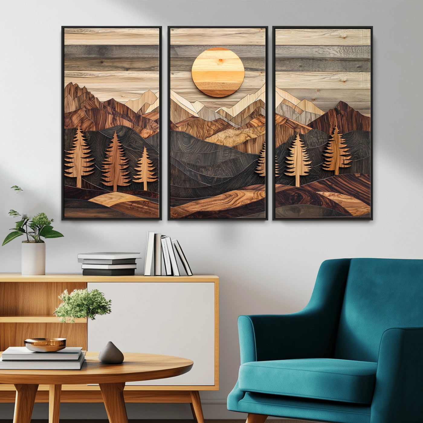 MGV-FC-48X32-3P - Wooden Mountain Layers Canvas Wall Art – Rustic Pine Tree Landscape with Sunlight Artistic Nature