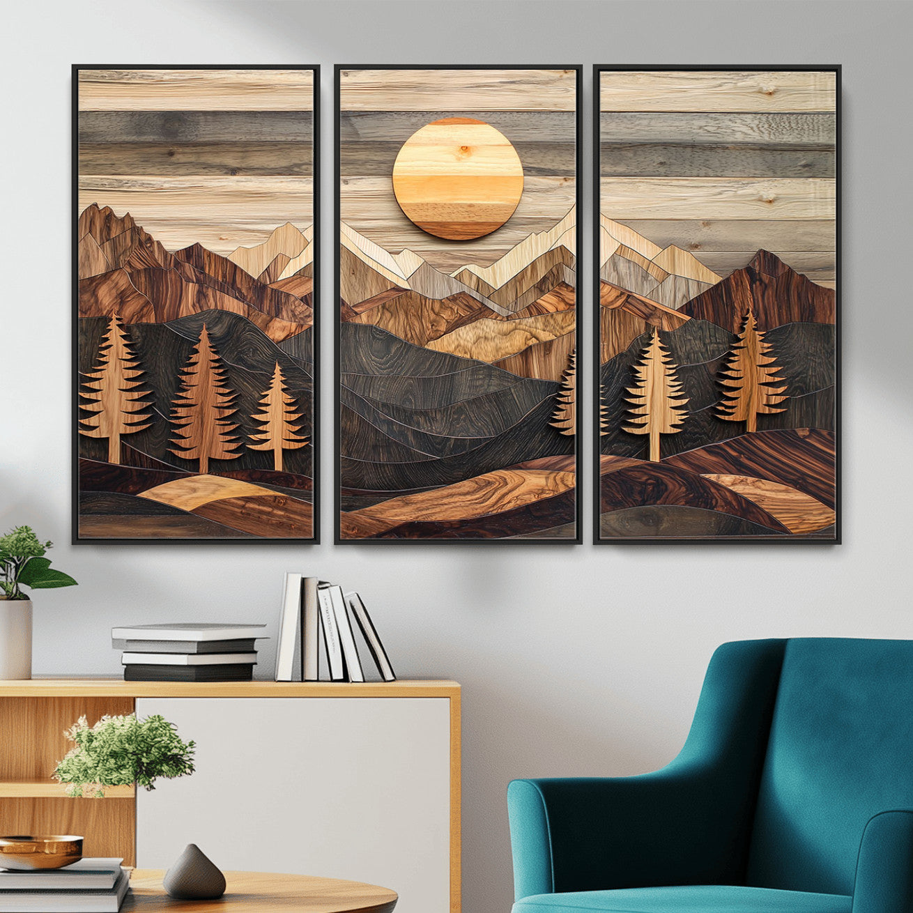 19832326-MGV-FC-48X32-3P - Wooden Mountain Landscape Layered Texture Geometric Shapes Sun Pine Trees Rustic Natural Tones Art