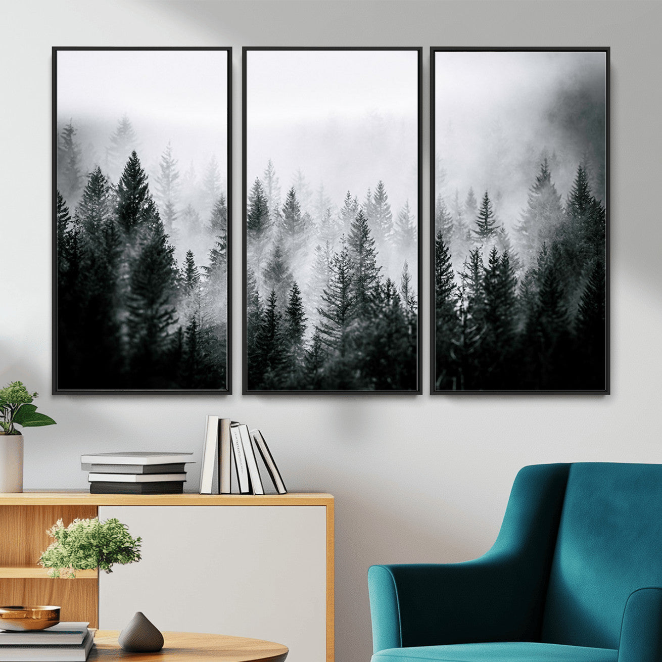 MGV-FC-48X32-3P - Foggy Pine Forest Canvas Wall Art – Black and White Nature Landscape Print, Horizontal Canvas for
