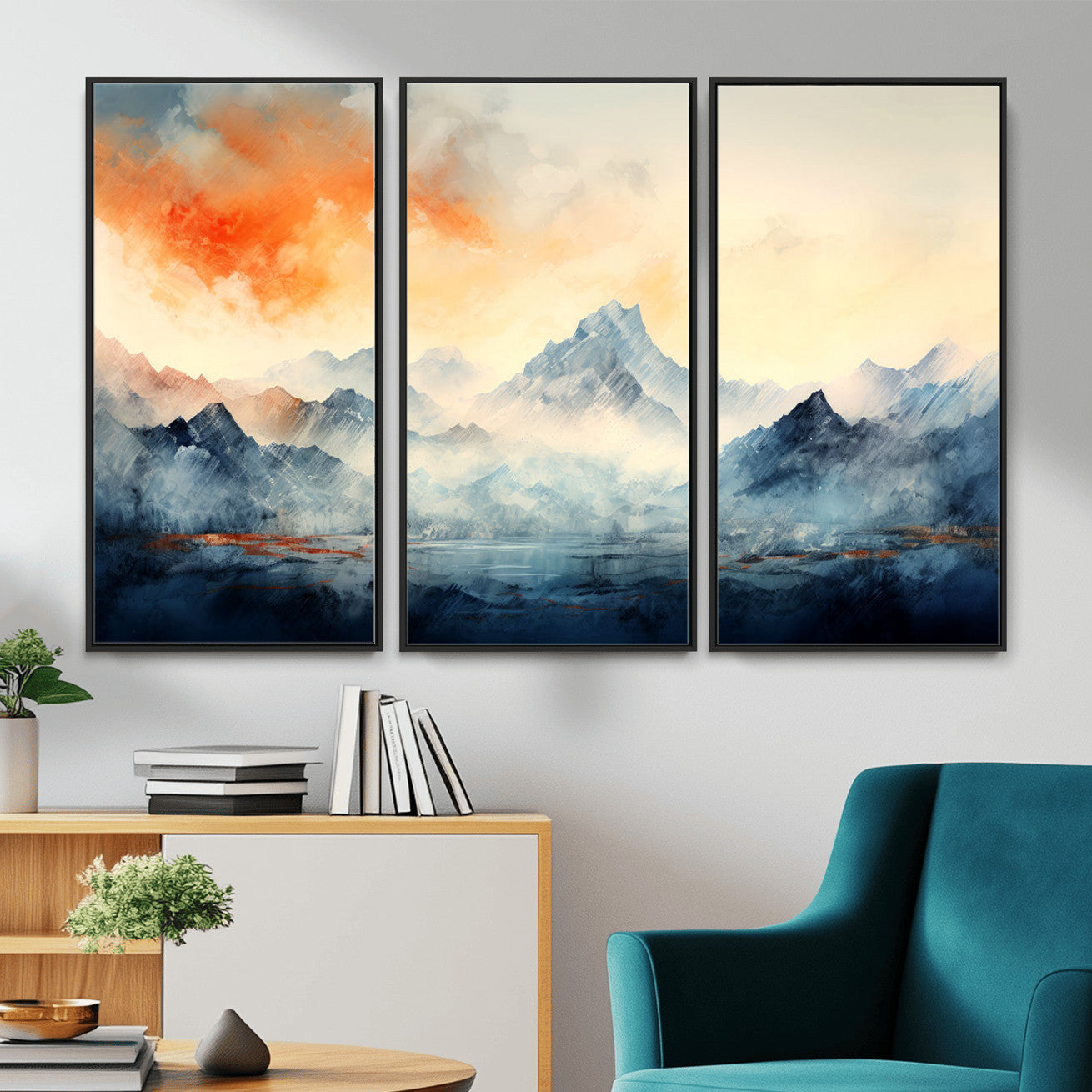 WRM1005-MGV-FC-48X32-3P - Warm Clouds Abstract Mountain Wall Art, Modern Landscape Canvas Print, Minimal Framed Artwork for Home, Office
