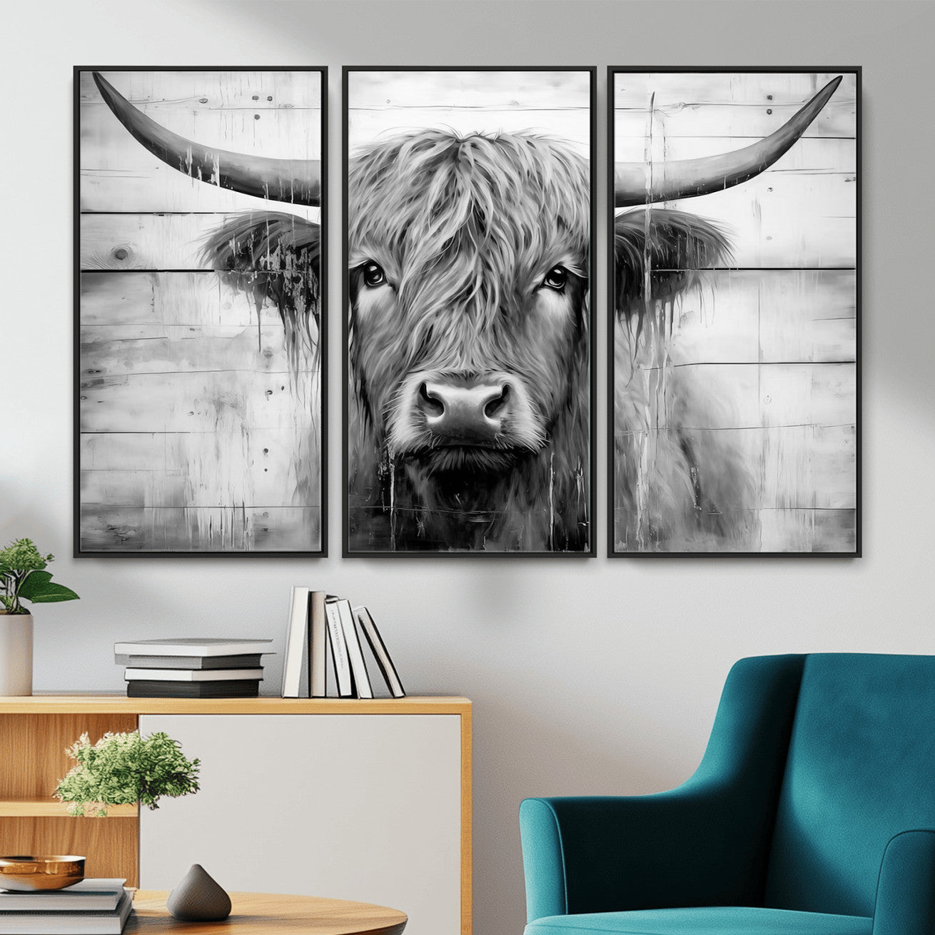 1001HASAN27-MGV-FC-48X32-3P - Black White Highland Cow Wall Art Canvas Print
