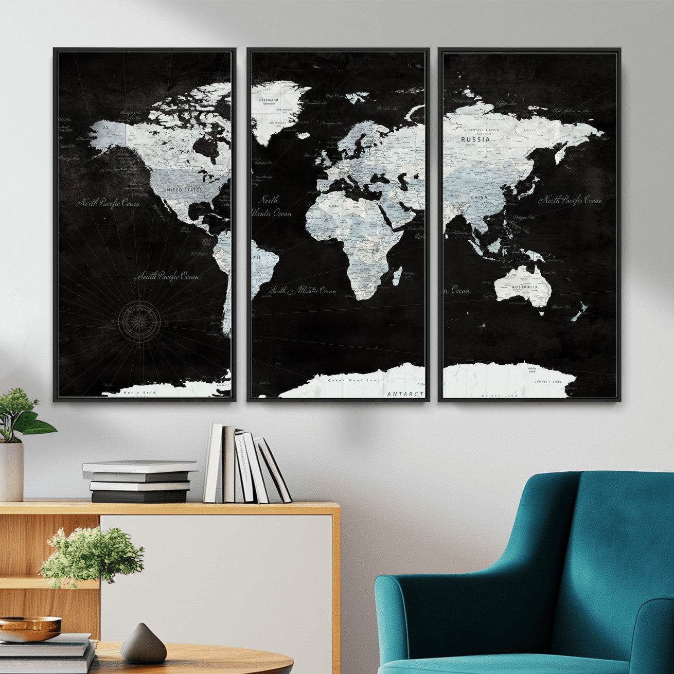 30759283-MGV-FC-48X32-3P - World Map Wall Art Canvas Print, Modern Decorative Framed Map Artwork Prints for Living Room, Office, Bedroom Wall Decor