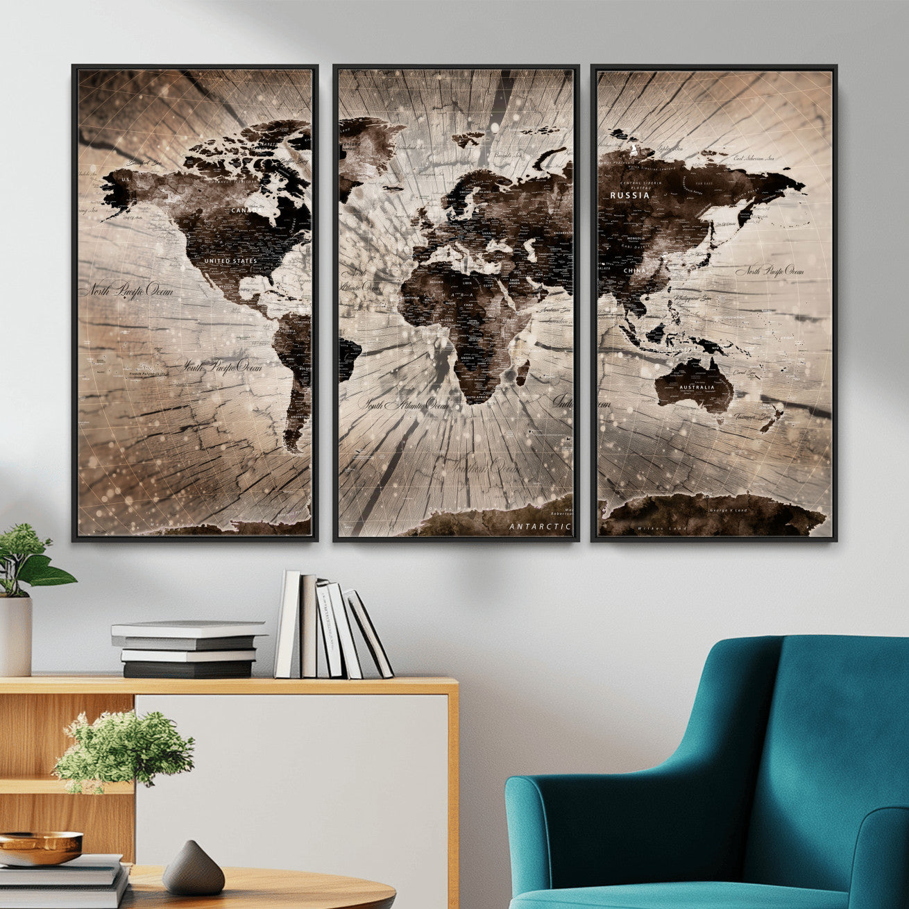 35326624-MGV-FC-48X32-3P - World Map Wall Art Canvas Print, Modern Decorative Framed Map Artwork Prints for Living Room, Office, Bedroom Wall Decor