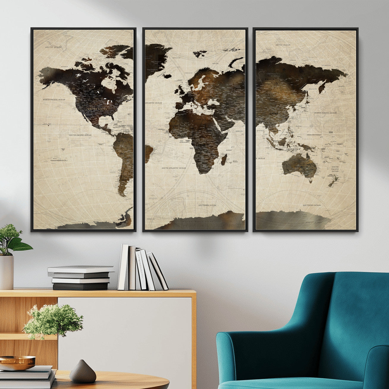 81771296-MGV-FC-48X32-3P - World Map Wall Art Canvas Print, Modern Decorative Framed Map Artwork Prints for Living Room, Office, Bedroom Wall Decor