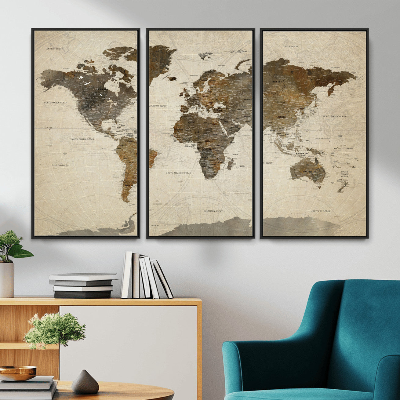 91849163-MGV-FC-48X32-3P - World Map Wall Art Canvas Print, Modern Decorative Framed Map Artwork Prints for Living Room, Office, Bedroom Wall Decor