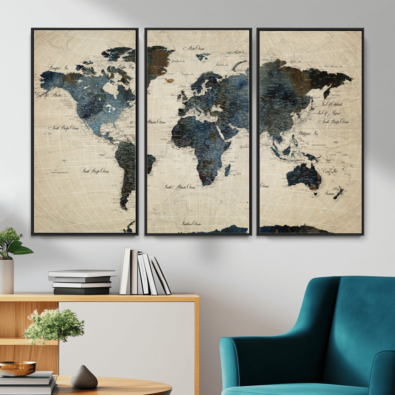 33438443-MGV-FC-48X32-3P - World Map Wall Art Canvas Print, Modern Decorative Framed Map Artwork Prints for Living Room, Office, Bedroom Wall Decor