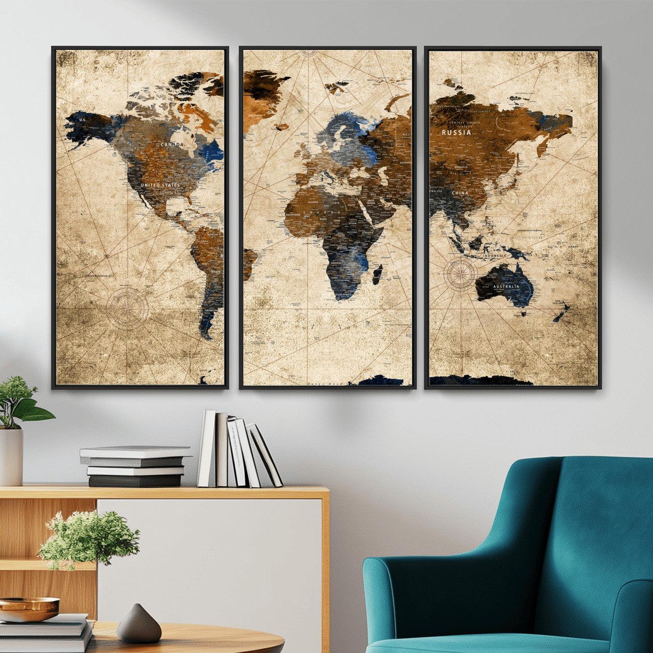 56297284-MGV-FC-48X32-3P - World Map Wall Art Canvas Print, Modern Decorative Framed Map Artwork Prints for Living Room, Office, Bedroom Wall Decor