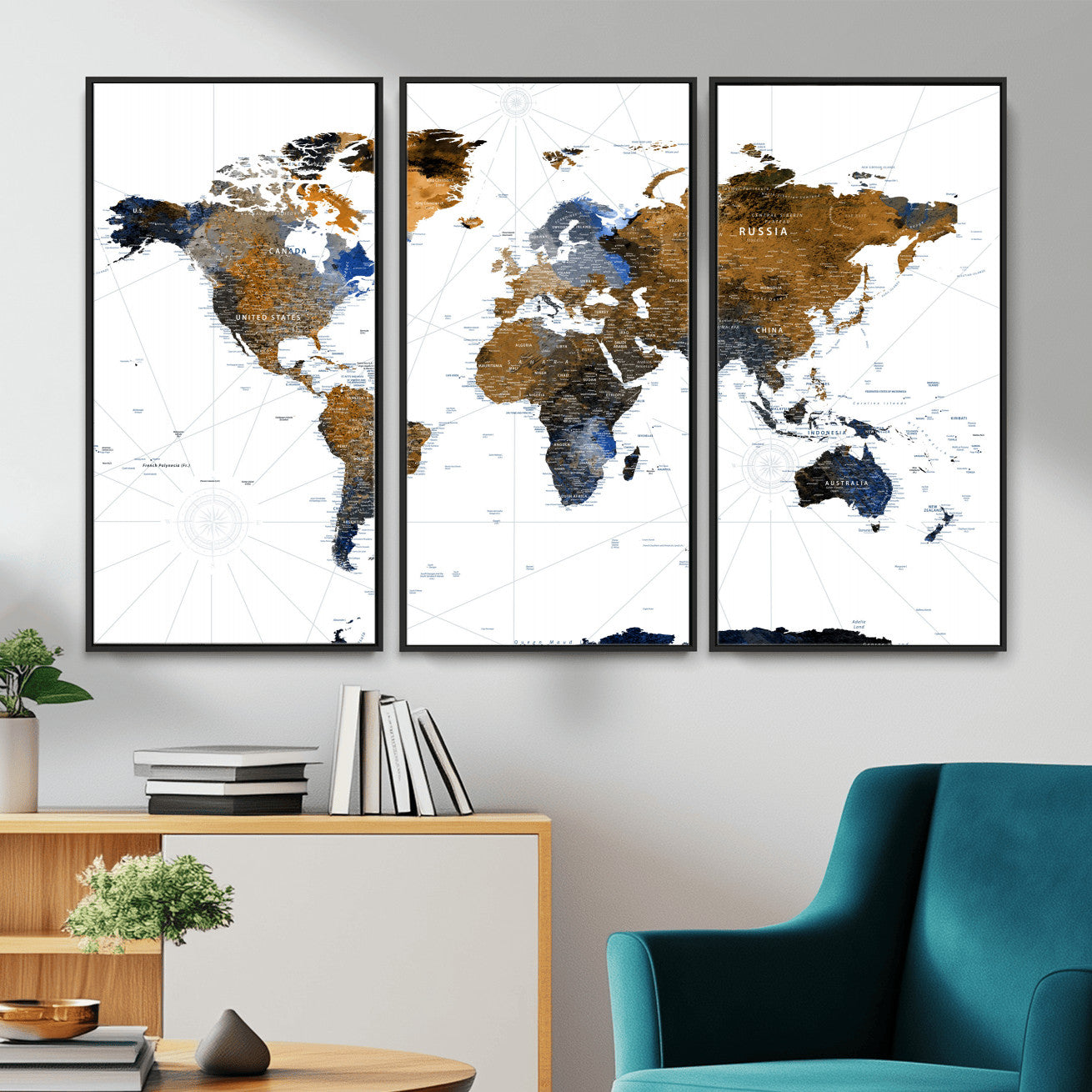 40862517-MGV-FC-48X32-3P - World Map Wall Art Canvas Print, Modern Decorative Framed Map Artwork Prints for Living Room, Office, Bedroom Wall Decor