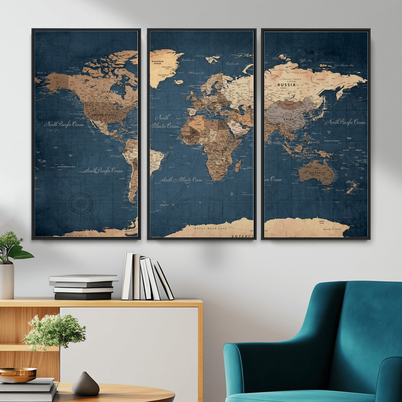 69886352-MGV-CV-36X24 - World Map Wall Art Canvas Print, Modern Decorative Framed Map Artwork Prints for Living Room, Office, Bedroom Wall Decor