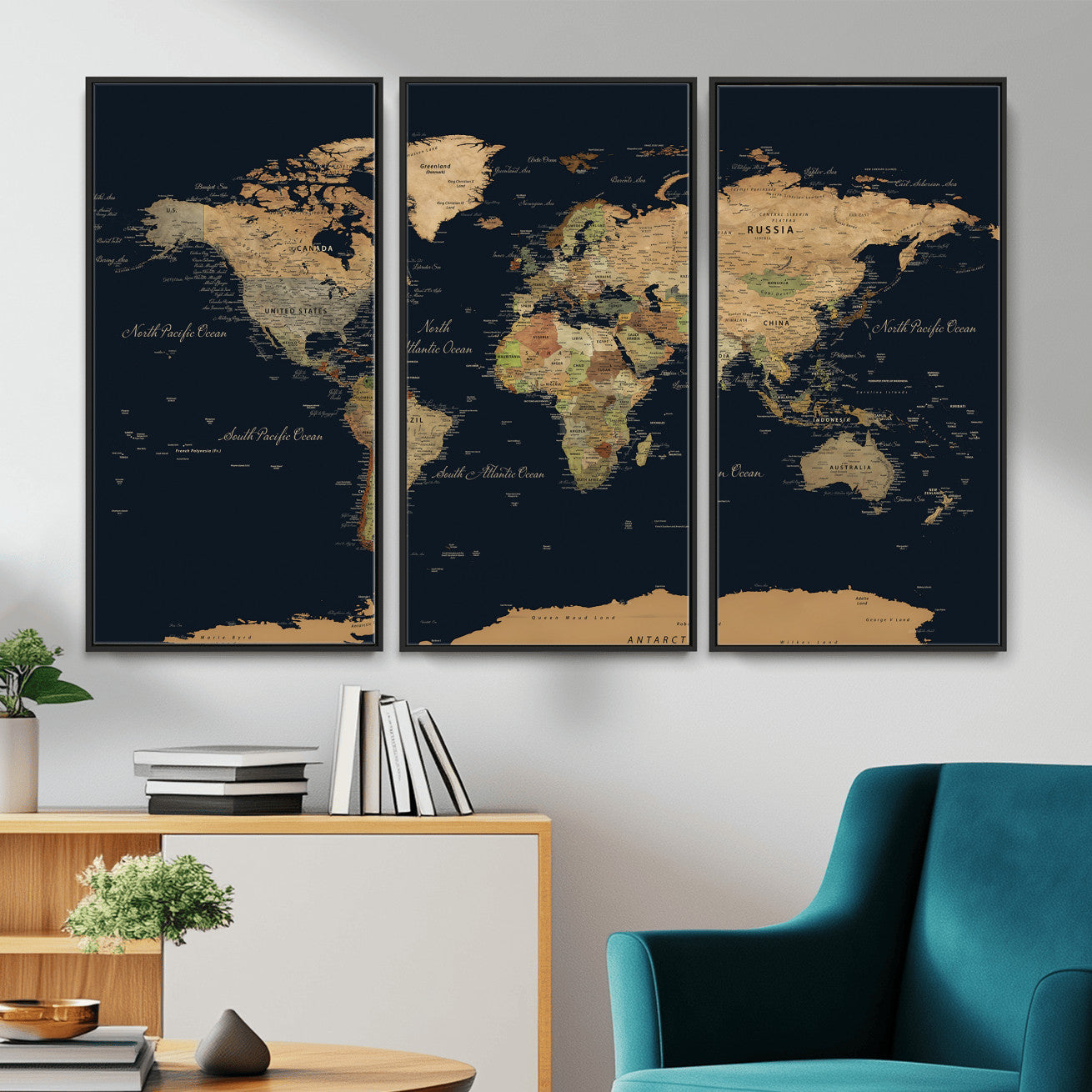 94449133-MGV-CV-36X24 - World Map Wall Art Canvas Print, Modern Decorative Framed Map Artwork Prints for Living Room, Office, Bedroom Wall Decor