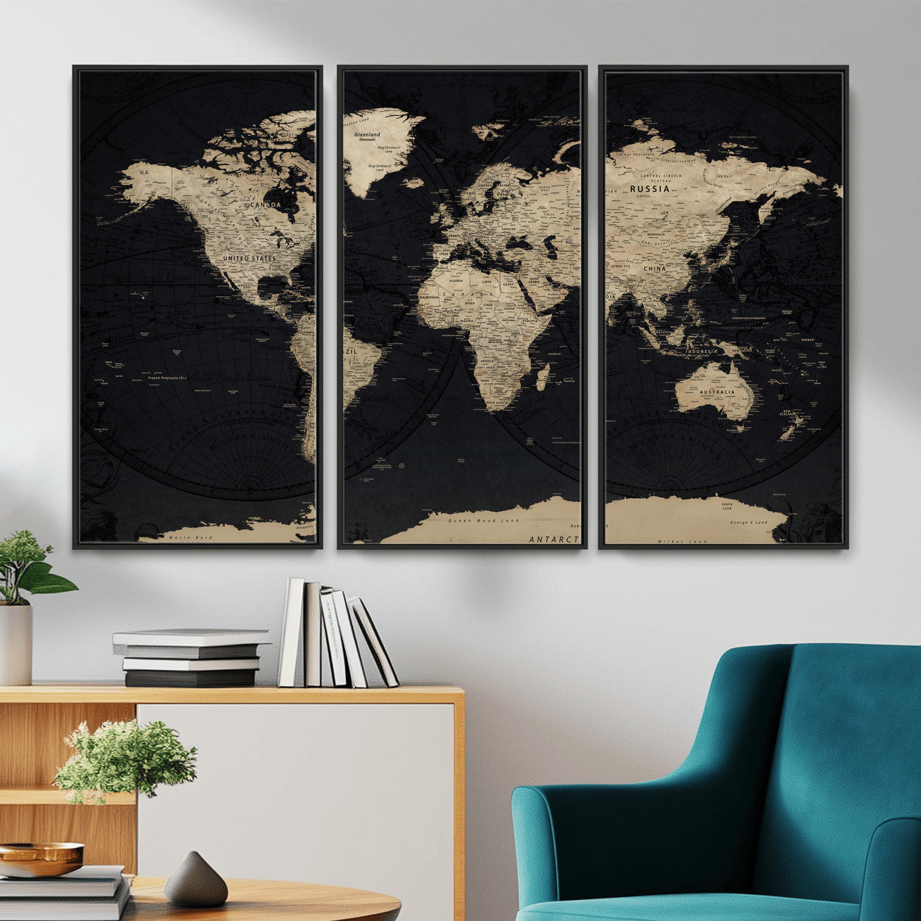61835687-MGV-CV-36X24 - World Map Wall Art Canvas Print, Modern Decorative Framed Map Artwork Prints for Living Room, Office, Bedroom Wall Decor